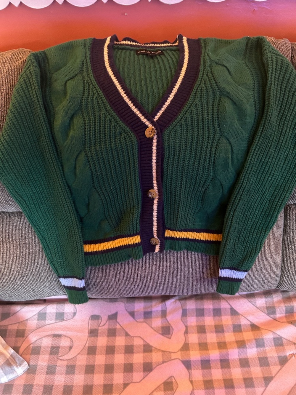 Almost Famous Green Cable Knit Sweater with Navy & Yellow Trim